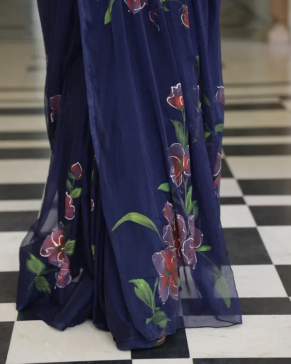 Navy_Blue_Floral_H_Painted_Chiffon_Saree_For_Women
